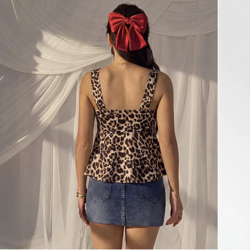 European and American drawstring lace wide shoulder sling, square neck streamer A pendulum Spice Girl retro leopard print pure desire vacation vest