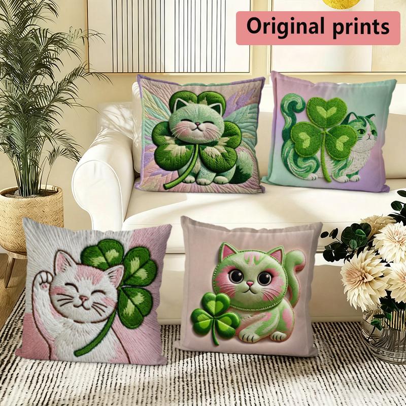 Lucky Clover Cat Square Throw Pillow Covers Pattern Cushion Cover Suitable For Sofa Bedroom Car Pillow Cover