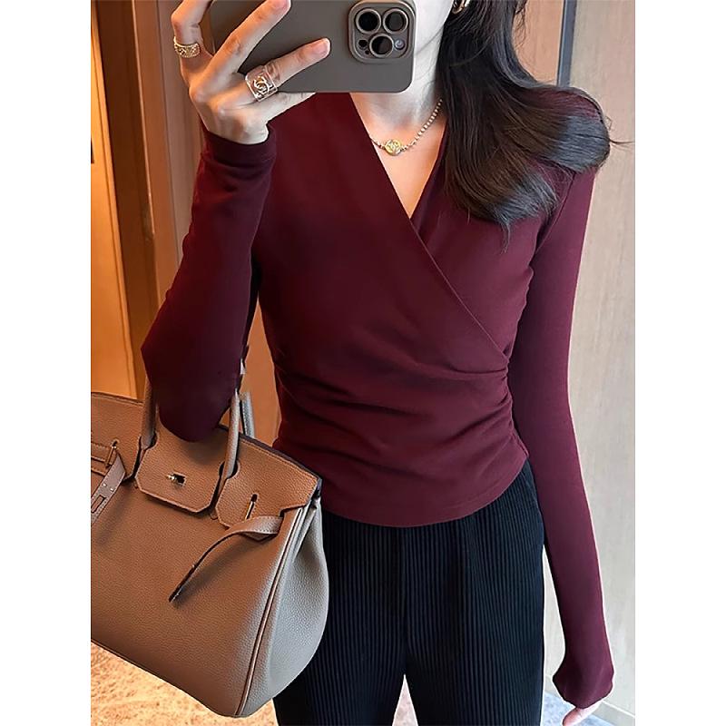 Plus Size Women's Wine Red V-Neck Long Sleeve Base Layer Top - Chic Slimming Autumn Innerwear