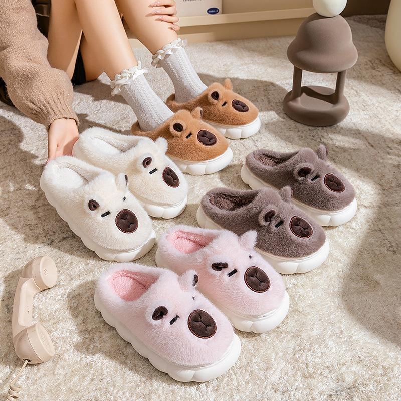 Bear Cartoon Cotton Slippers Men's Autumn and Winter Indoor Home Thick Bottom Velvet Warm Outer Wear Couple Confinement Shoes Women