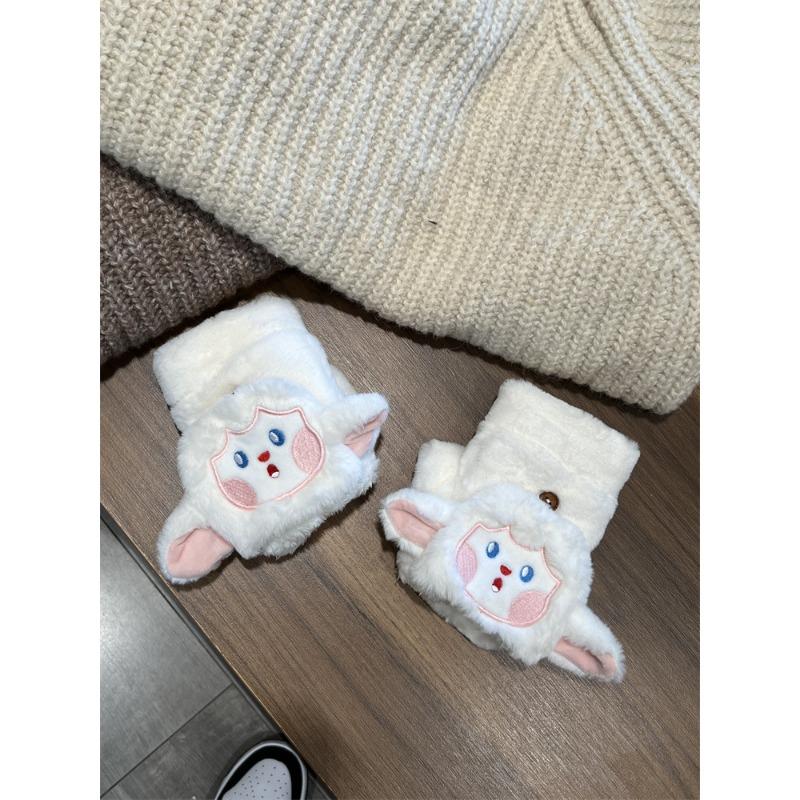 Korean Version of Cute Cartoon Flip Gloves for Women In Winter Warmth Plus Velvet Thickened Half Finger Exposed Finger Windproof Riding Gloves