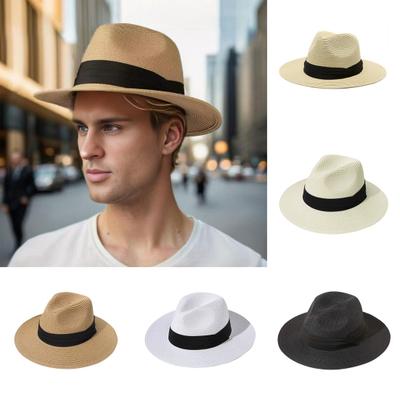 Panama Hat Women Men Wide Brim Straw Beach Hat Ribbon Decor Breathable Elastic Fit Summer Sun Hat Vacation Accessory