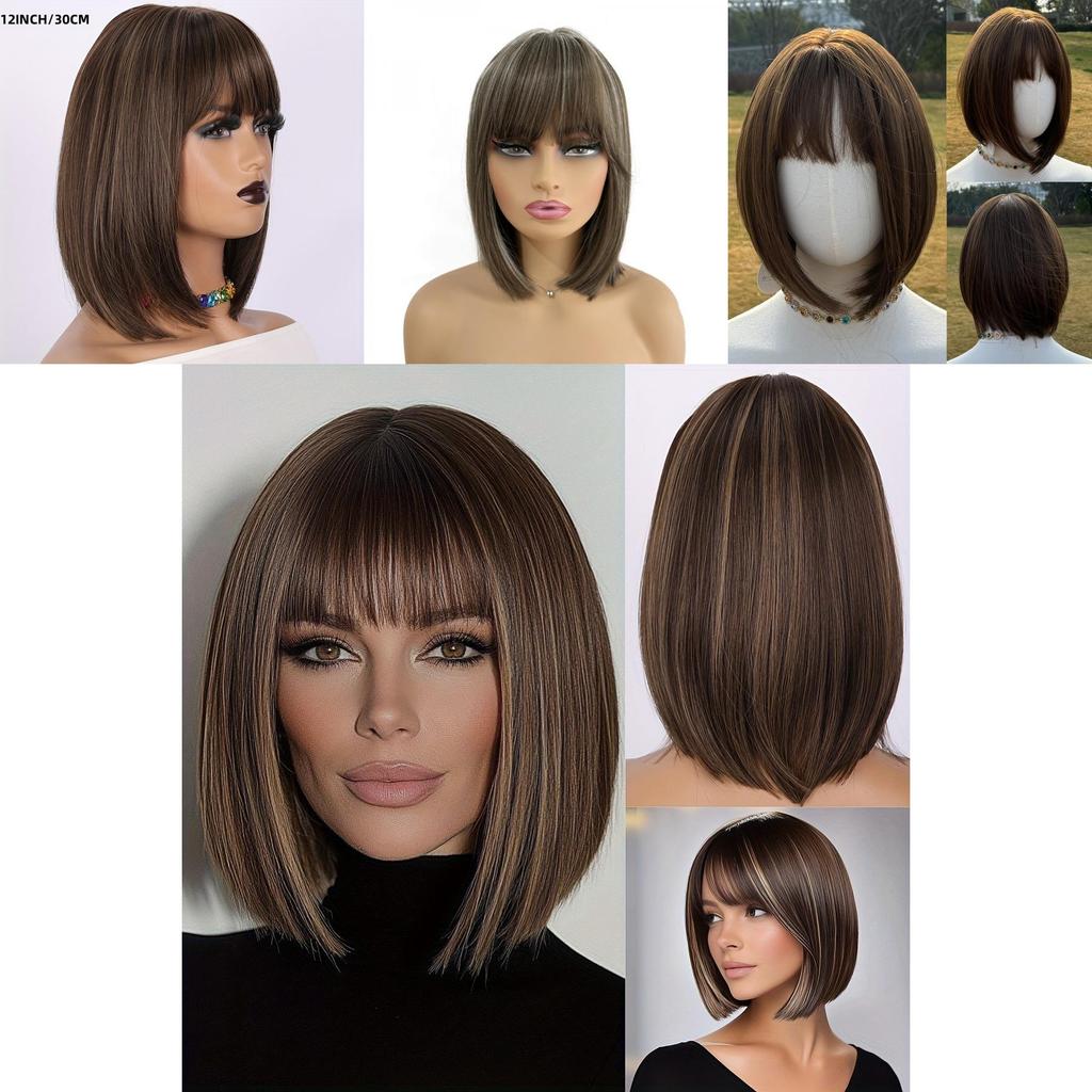 Short Straight Hair Wig With Bangs For Women Hightemperature Silk For Fashionable Ladies