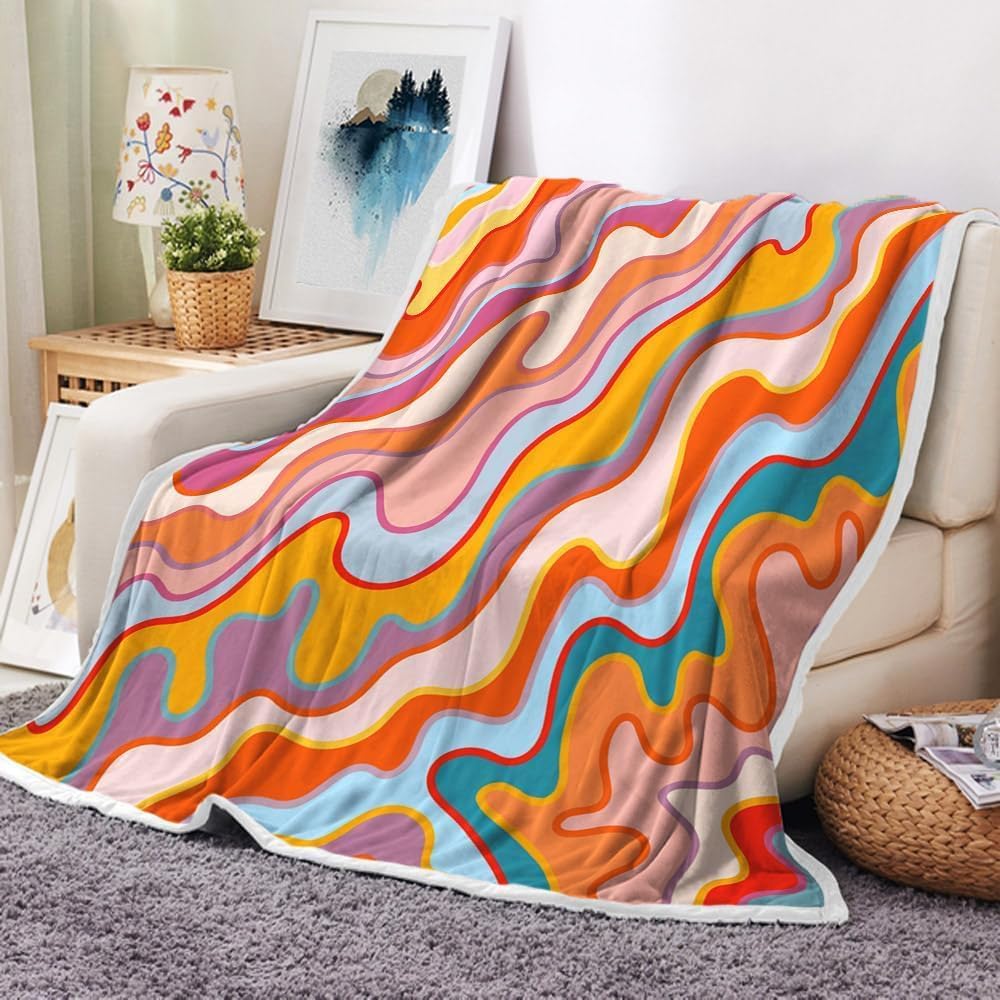 Retro 70s Hippie Throw Blanket Green Pink Waves Funky Blanket Funky Abstract Blanket Spiral Swirl Pastel 70s 80s Aesthetic 75X95CM