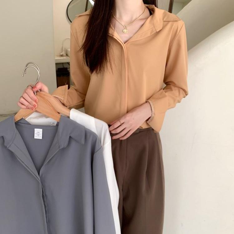 Solid Color Shirt Women's Long Sleeved Top Minimalist Temperament Chiffon Shirt Korean Version