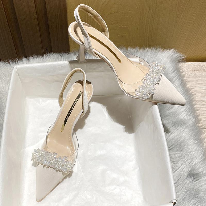 Fashion Baotou Sandals Women Spring and Summer New French Transparent Pointy Small Heel White High Heels