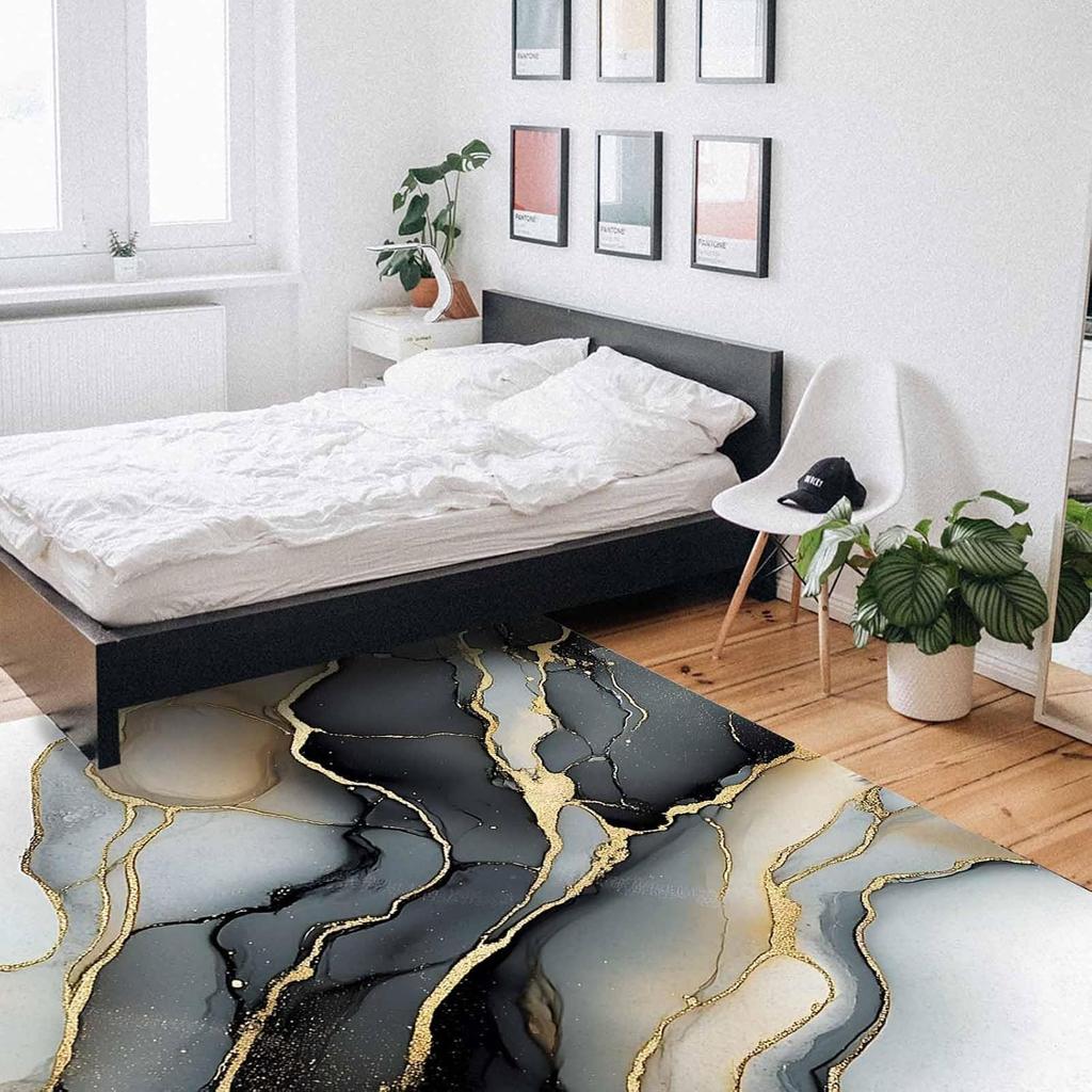 Black Gold Gradient Washable Area Rugs Abstract Modern Art Non Slip Rugs for Living Room Bedroom, Low Pile Floor Mat Large