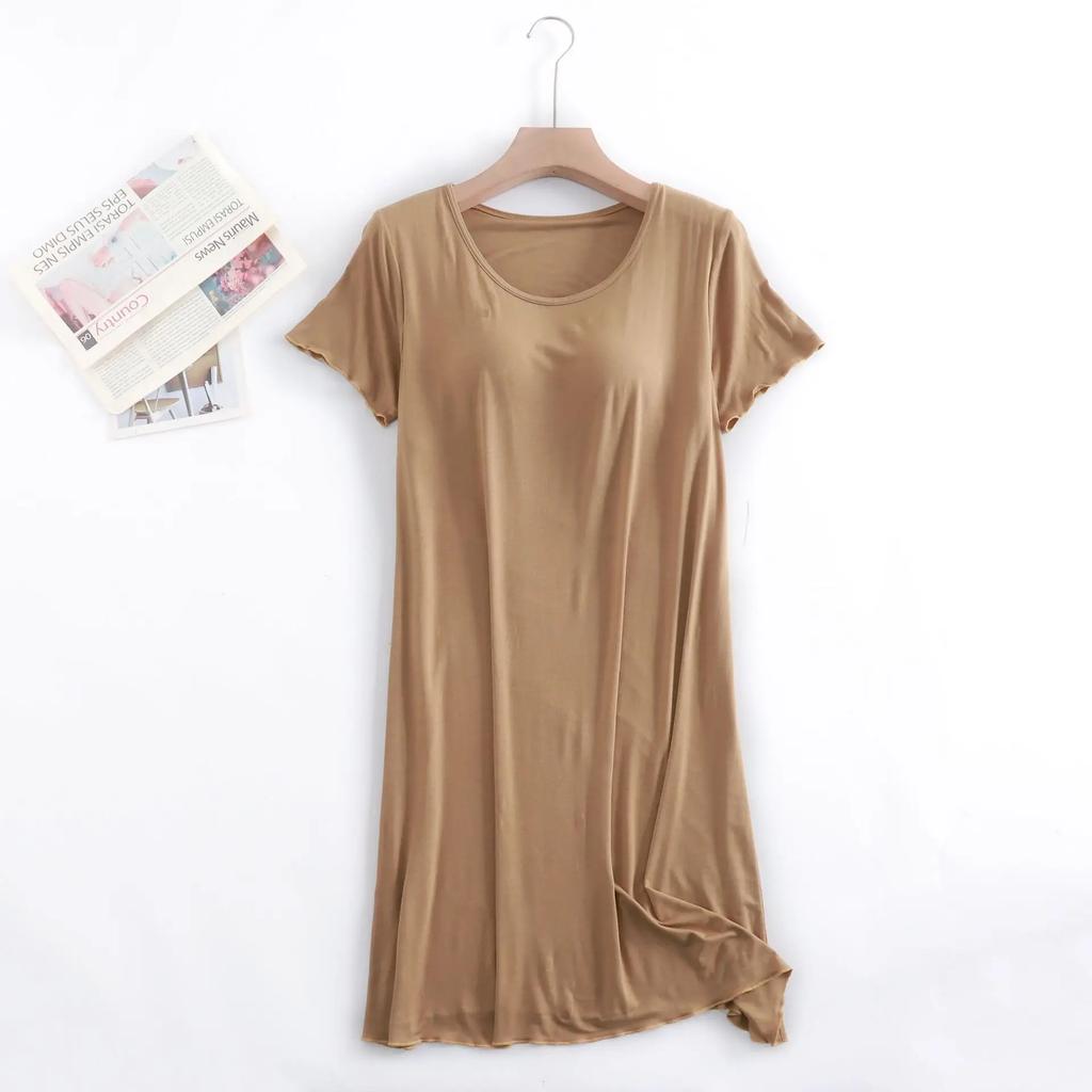 Modal Night Gown with Chest Pad Short-length Sleeve Nightdress Pajamas Bra-free Thin Large Size Ruffle Sleeping Dress for Women Summertime