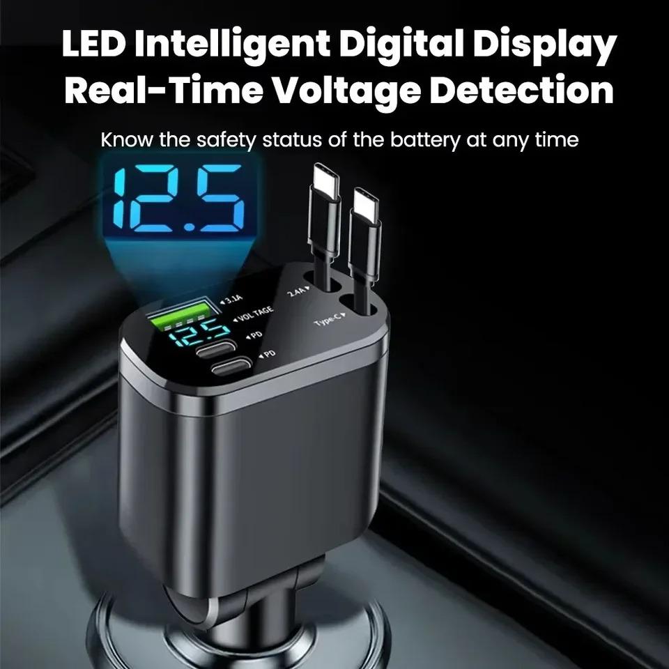5 In 1 150W Car Charger with 2 Retractable Cables USB Type C Super Fast Charging Adapter with Voltage Display for iPhone & Android