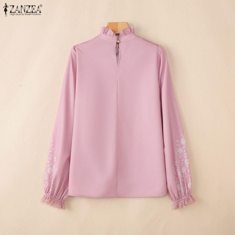 ZANZEA Women Casual Stand Collar Long Sleeve Print Blouse