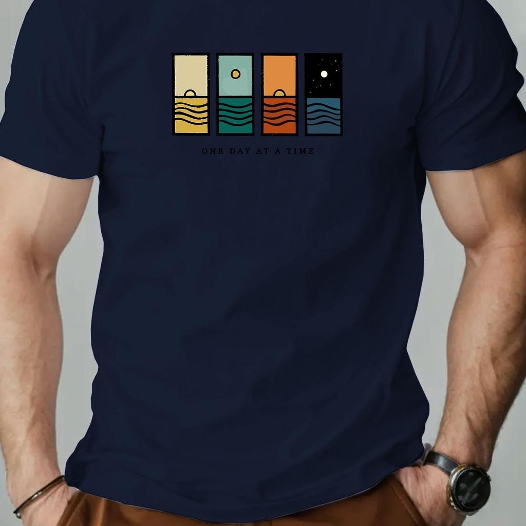 2026 New Men One Day At A Time Graphic Casual TShirt Summer Short Sleeve Round Neck Tee with Colorful Stripes Men Clothing