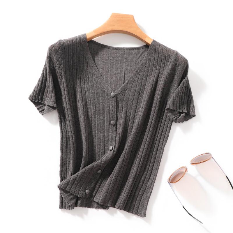 

Летняя тонкая футболка с коротким рукавом из ледяного шелка и льна для женщин, V-образный вырез, свободный вязаный кардиган, корейский стиль, модный универсальный топ XL