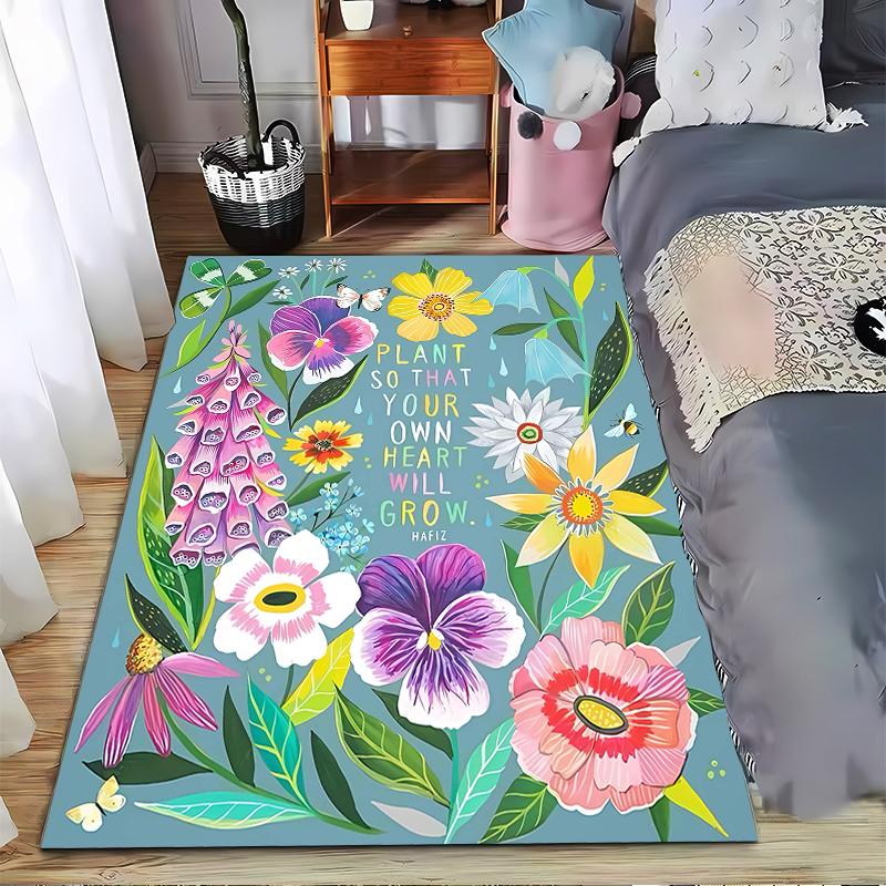 Floral Pattern Carpet with "Plant So That Your Heart Will Grow" Quote Suitable for Use As an Anti-slip for Living Room Bedroom Sofas