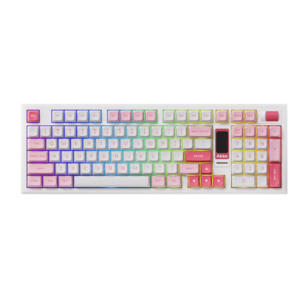 Teclado Akko 5098B Prunus Lannesiana Custom com Botão Giratório Vertical, Carregamento Rápido, Cor Rosa, com Tela TFT