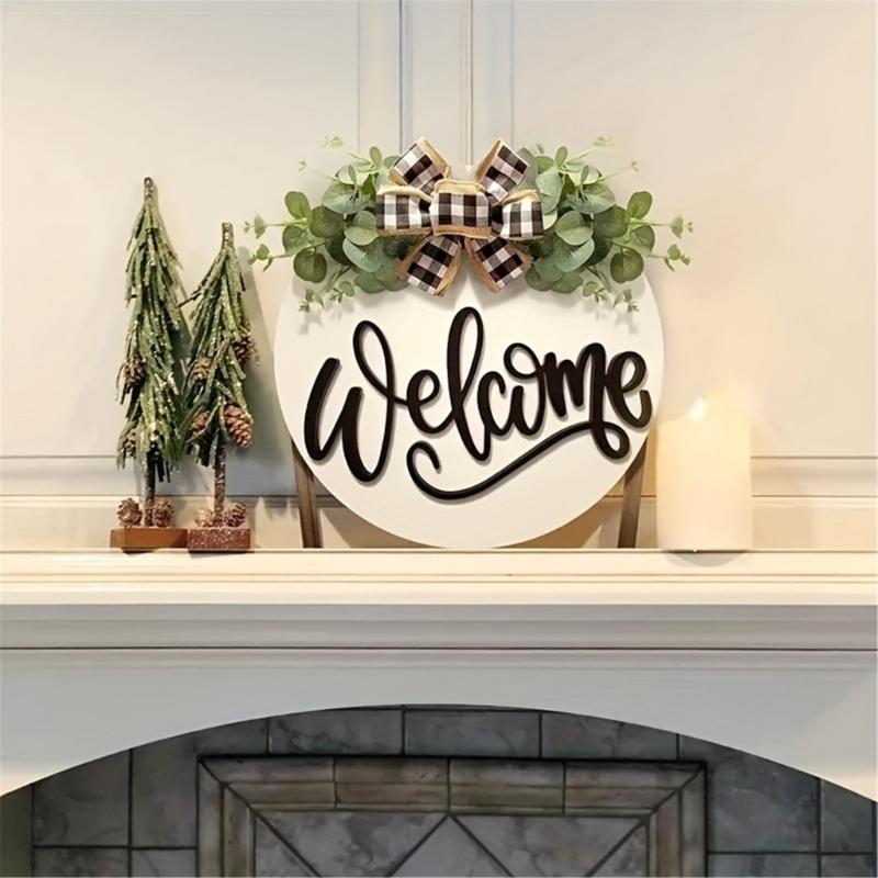 Welcome Sign Front Door Decorations,Round Wood Wreath Wall Hangings Decors for Outdoor Indoor,Home,Farmhouses ,Porch