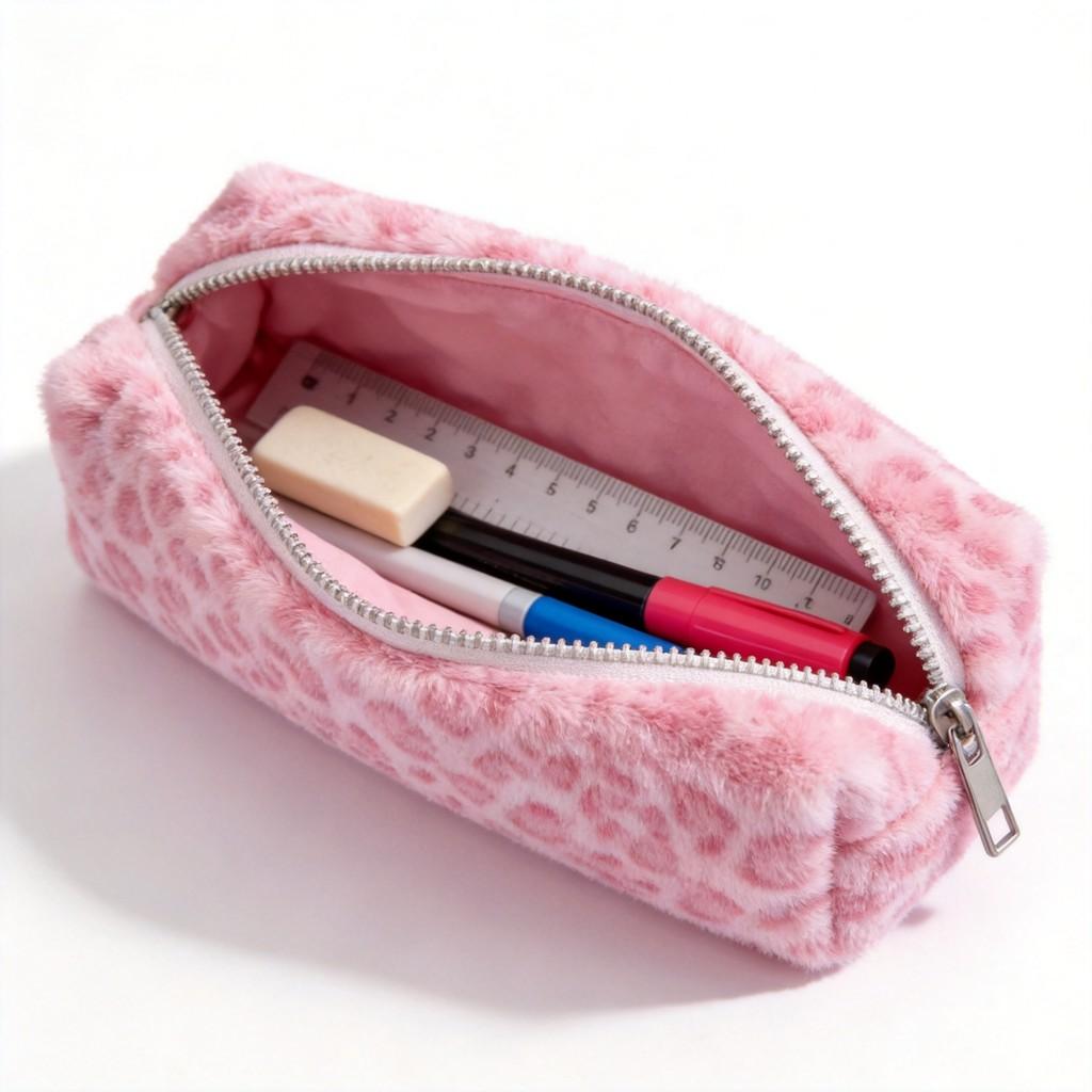 Sweet Cool Plush Leopard Print Pencil Case With Large Capacity For Students And Makeup Storage