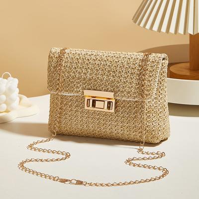 Sac d'épaule à chaîne en paille pour femmes, tissé, haute capacité, fermeture à boucle, pochette, fait main, sac bandoulière pour femmes
