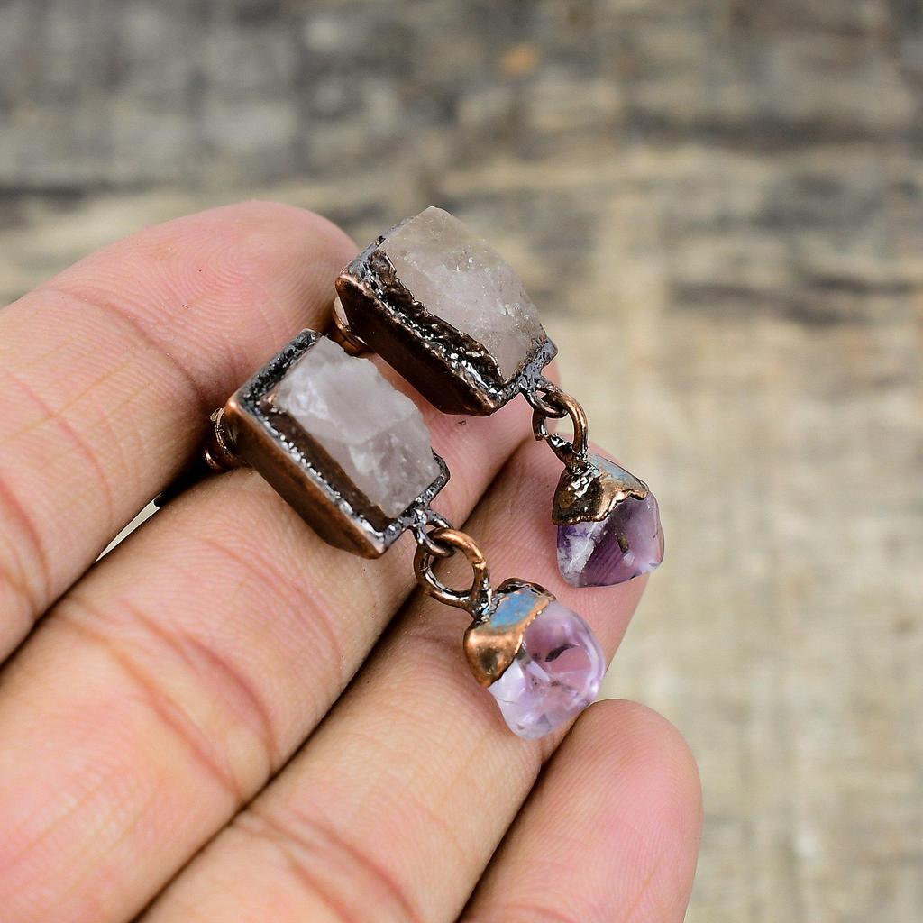 Rose Quartz Rough Earring African Amethyst Rough Gemstone Earring Electroformed Copper Earrings Handmade Electroformed Jewelry Wedding Gift