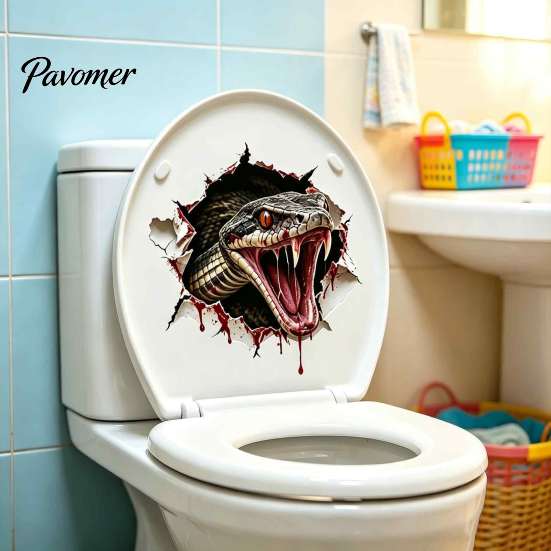 Funny Scary Toilet Stickers 3D Viper Seat Sticker, Realistic Snake Decal, Waterproof PVC Adhesive Removable Bathroom Wall Decals Art for Tank, Creepy