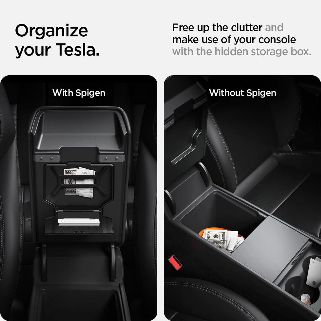 Spigen Hidden Storage Box for Tesla Model Y Juniper and Tesla Model 3 Highland Carbon Edition Center Console Organizer TO221H ACP07408 One-Touch