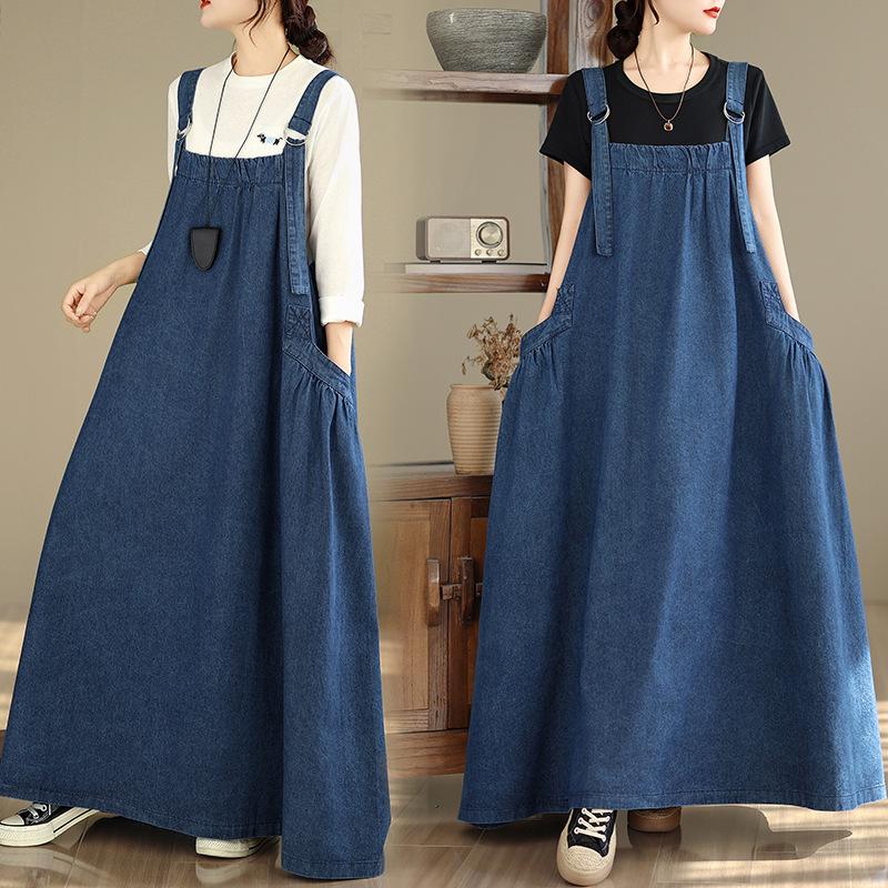 Spring, summer and autumn long four-season skirt retro loose and thin denim strap skirt long swing dress
