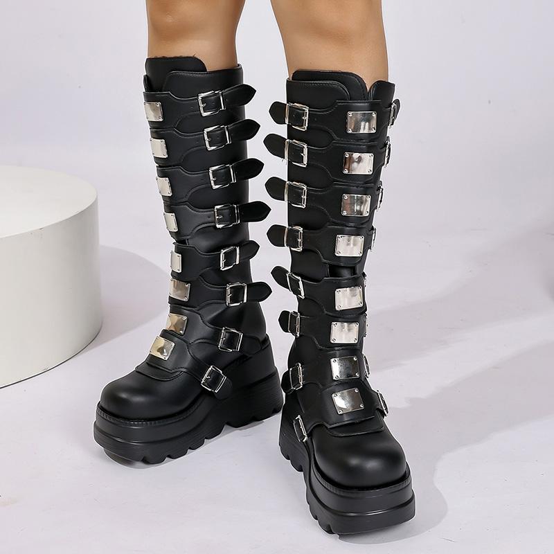 Fashion Gothic Black Platform Combat Boots Women Punk Style Metal Buckle Motorcycle Boots Woman Thick Bottom PU Leather Knee High Boots