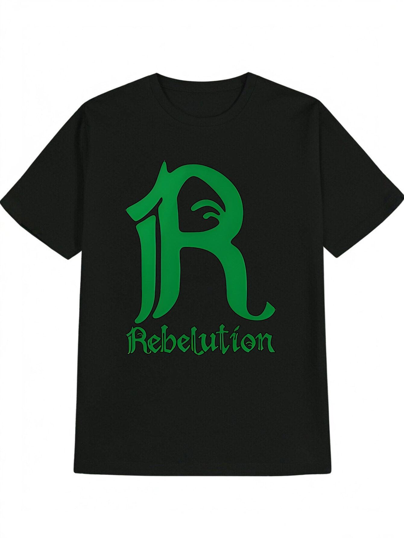 

Casual Rebellion Print T-shirt - Black Crew Neck Tee with Green REBELUTION Design XL
