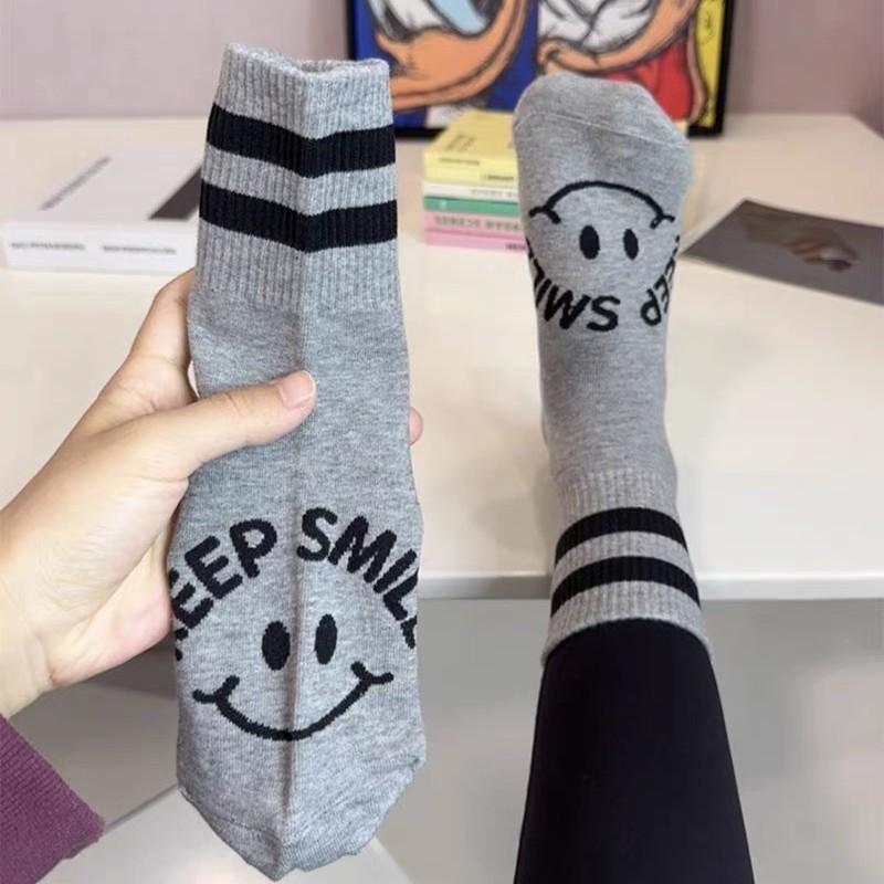 Dongdaemun Parallel Bar Striped Smiley Socks Pure Cotton Black And White Mid-Leg Socks With Shark Pants Sports Socks