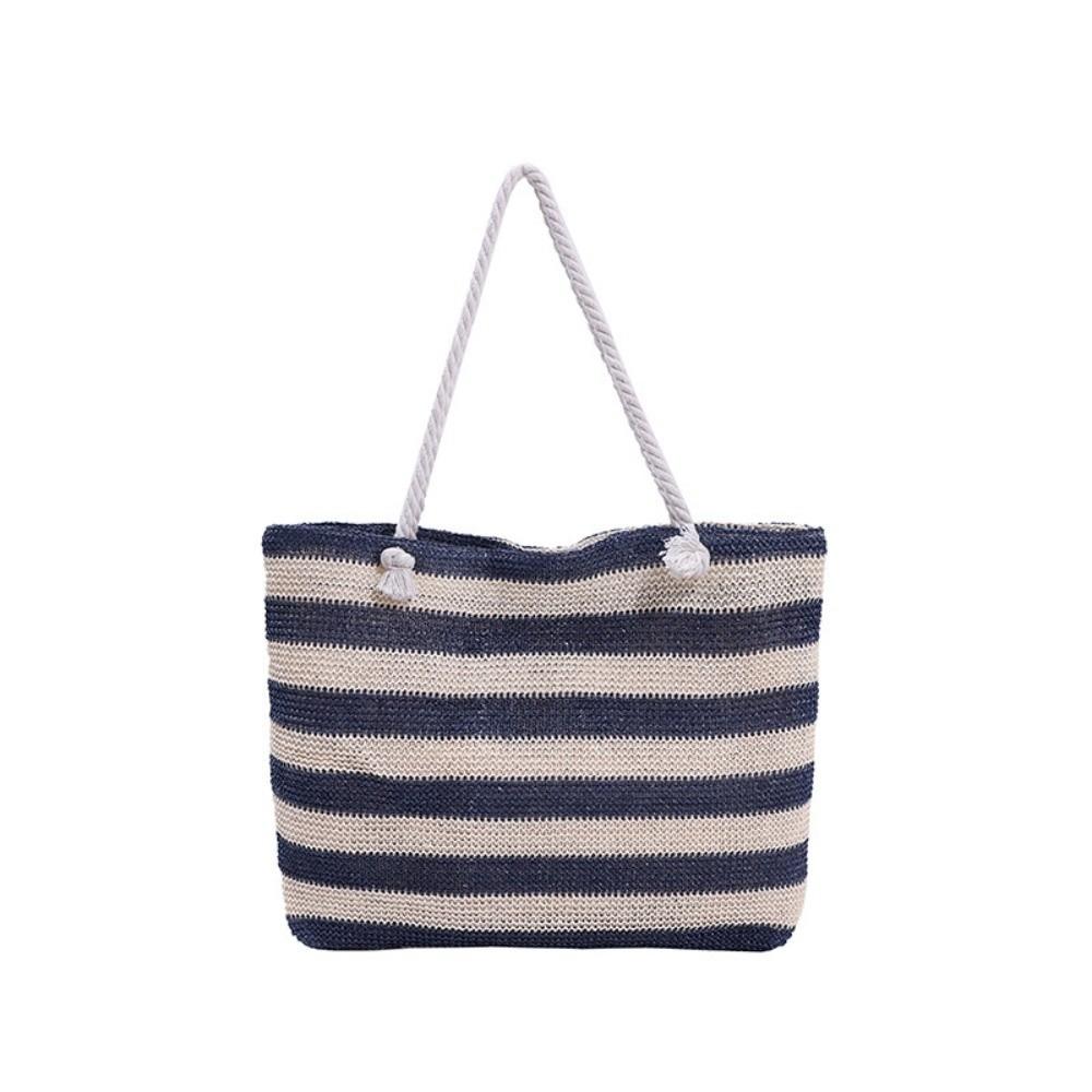 

Striped Beach Tote Bag Straw Foldable Shoulder Bag Zipper Large Capacity Travel Handbag For Travel Work Beach Gym Store синий
