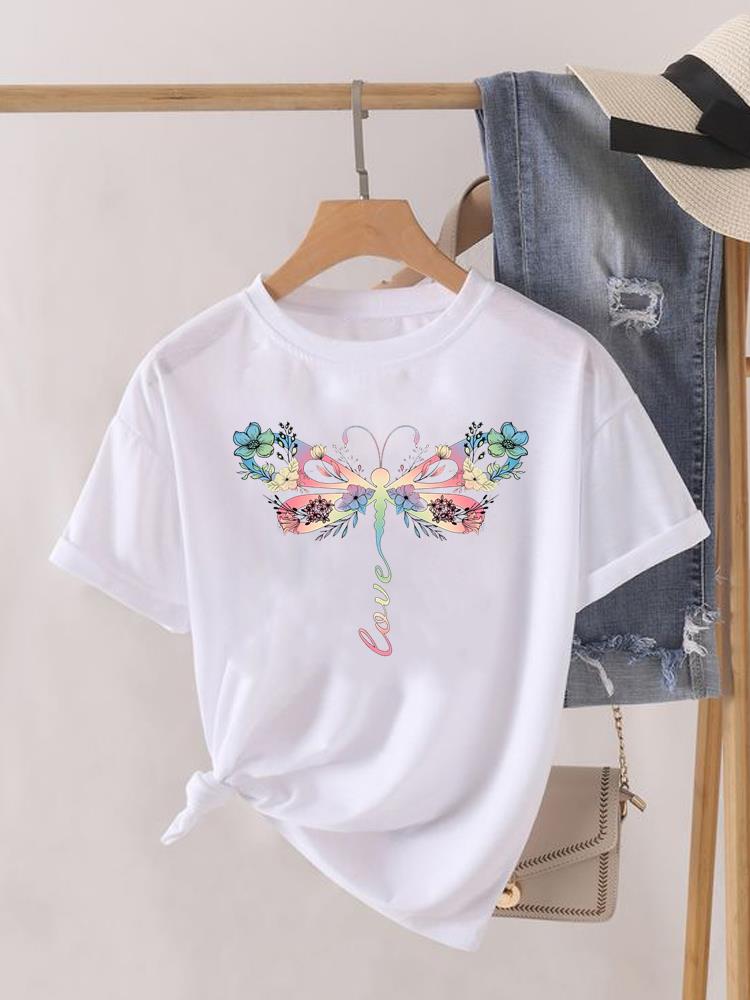 Kwiatek Słodki Trend lat 90. Uroczy Krótki Rękaw Nadruk Moda Graficzny T-shirt Kobiety Top Pani Damska Koszulka Tee Okrągły Dekolt Odzież Ubrania