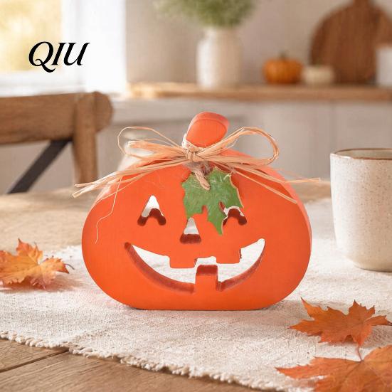Indoor Home Seasonal Decorations Halloween Wooden Pumpkin Table Sign, Spooky Tabletop Block Durable Painted Wood Decor Tiered Tray Centerpiece