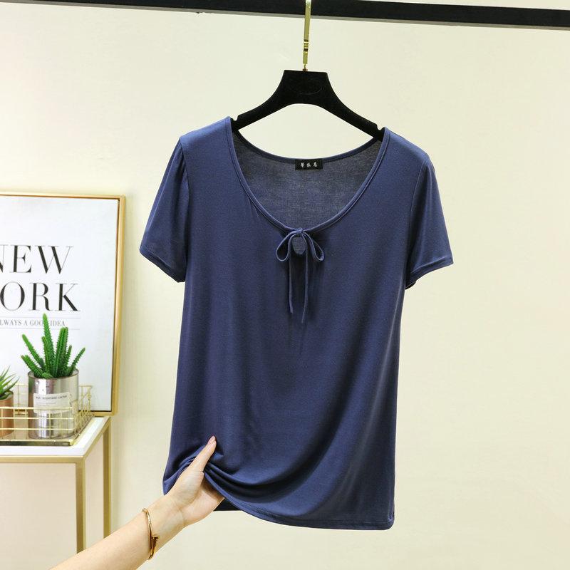 Korean Style Drawstring Modal Short Sleeve Tshirt Cute Slim Fit O Neck T-Shirt Lightweight & Soft Casual Tee Tops for Women Trendy Summer Basic Shirt