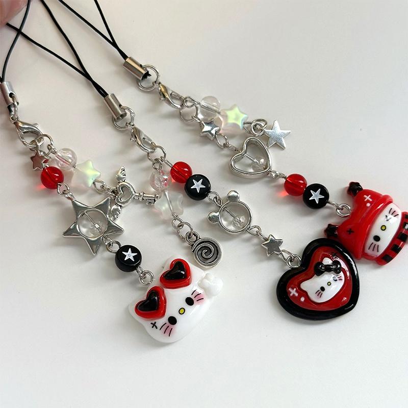 Cute Hello Kitty Mobile Phone Chain Punk Cat Keychain Pendant Anti-Lost Lanyard Phone Wrist Hanging Chain Earphone Camera Chain