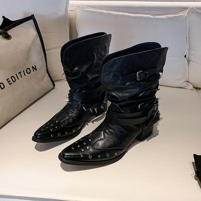 Damen High Heel Einzelstiefel Vier Jahreszeiten Spitz Ärmel Niete Metallschnalle Rutschfest Verschleißfest Mid-Calf Stiefel