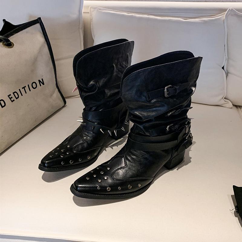 

Punk Metal Rivets Pointed Toe Western Boots Women 2025 Pleated Mid Calf Riding Boots Street Style Metal Buckle Shoes 40 чёрный