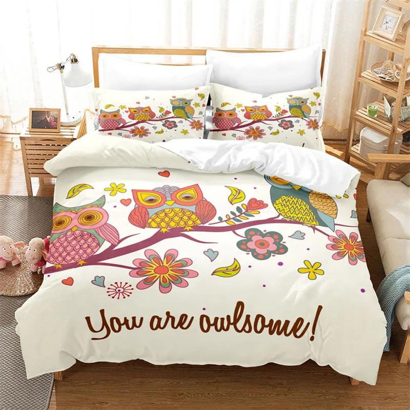 Cartoon Owl Duvet Cover Set Fashion Cute Animal Bedding Set Soft Microfiber Print Comforter Cover Decorative Kids Children Room