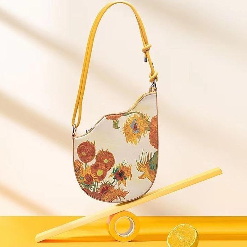 

Fashion Women s Bag Niche Wave Sunflower Rope Knot Contrasting Color Shoulder Bag Oil Painting Series Tide Handheld Underarm Oblique Collapse Bag
