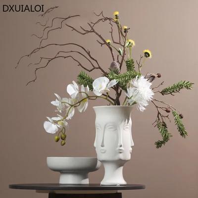 DXUIALOI Vaso Decorativo Criativo Arte Rosto Humano Cerâmica Artesanato Esmalte Cor Branca Decoração Sala de Estar Casa Vaso para Arranjo de Flores