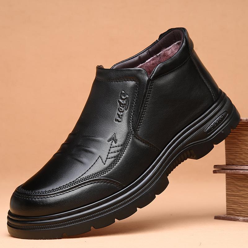 First layer cowhide high-top cotton shoes men's fur integrated one-pedal velvet pure wool thick-soled warm men's snow boots