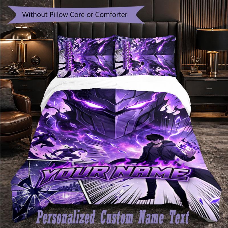 Personalized 3Pcs Bedding SetSolo Leveling Custom Text Duvet Cover Pillowcase Set Bedroom Gift