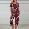 2 Stück/Set Damen Blumenprint Loungewear Set V-Ausschnitt Kurzarm T-Shirt Taschen Elastische Taille