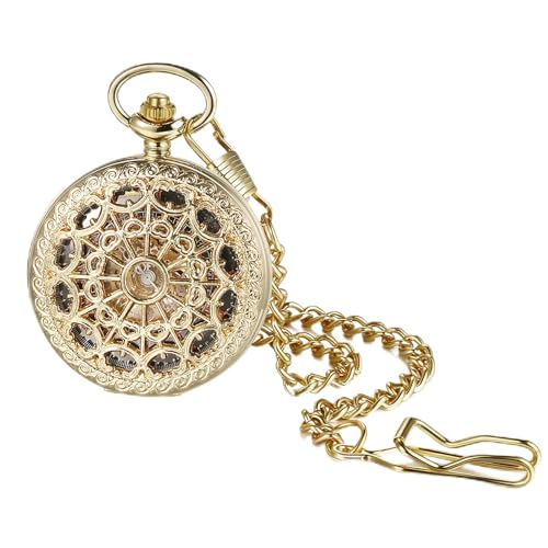 

Antique Mechanical Automatic Pocket Watch in Silver: Skeleton Roman Analogue Pocket Watch with Gold Chain - Perfect Gift for Birthdays, Anniversaries,