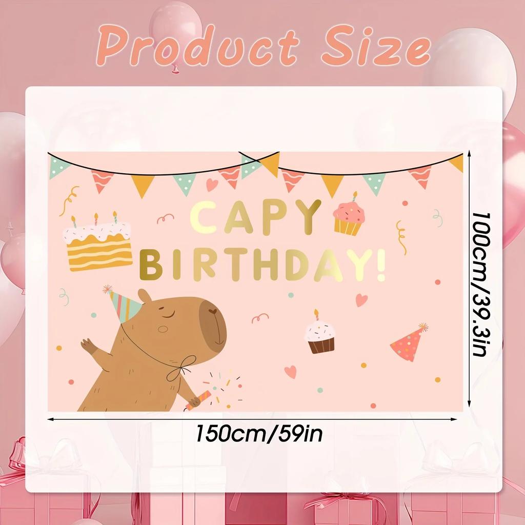 Uno sfondo carino per il compleanno con una capibara dei cartoni animati e gelato con scritto "Buon Compleanno!" Invia un testo per festeggiare un compleanno adatto alle ragazze