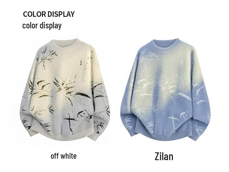 2025 Winter Bamboo Leaf Jacquard Sweater: Round Neck, Loose Fit, Retro Knit Pullover