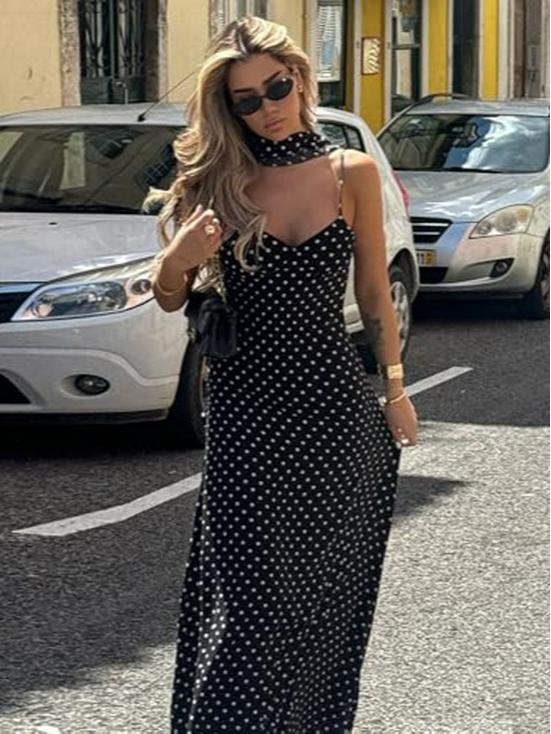 2026 European Summer Women's Polka Dot V-Neck Spaghetti Strap Backless Dress
