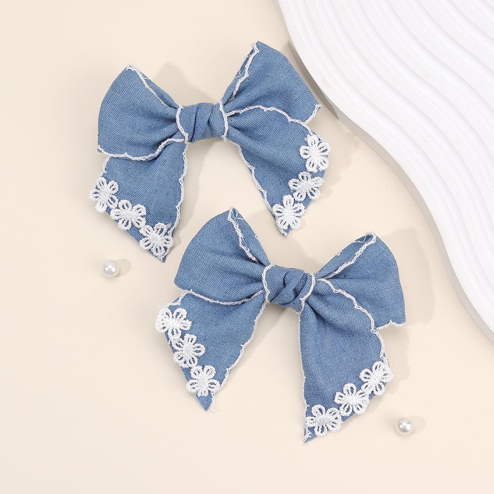 2Pcs Delicate Vintage Denim Bow Hair Clips Lace Floral Sequin Hairpins Fashion Hair Accessories For Girls Party Daily Heawear