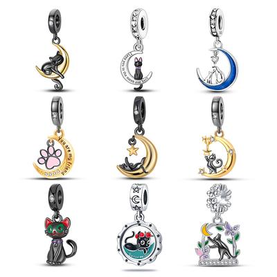 100% Real Copper Moon Black Cat Charms Fit Original Qikaola Bracelet&Bangle For Women Birthday Fine Jewelry Gift