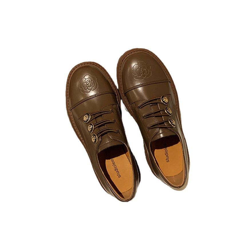 British metal buckle retro embroidered loafers spring round head thick heel platform small leather shoes single shoes women comfortable and versatile