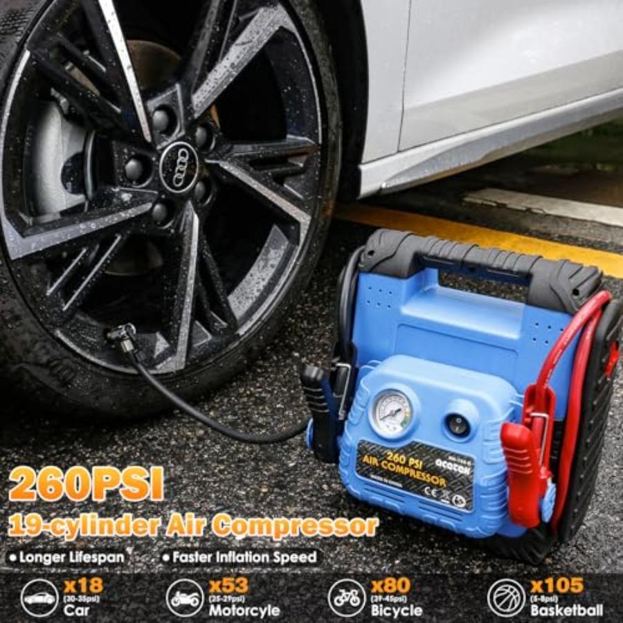 1800A Car Jump Starter with Air Compressor 20000mAh 12V Battery Pack Booster 6.0L Gas/Diesel 260 PSI Tire Pump Multi-Function J