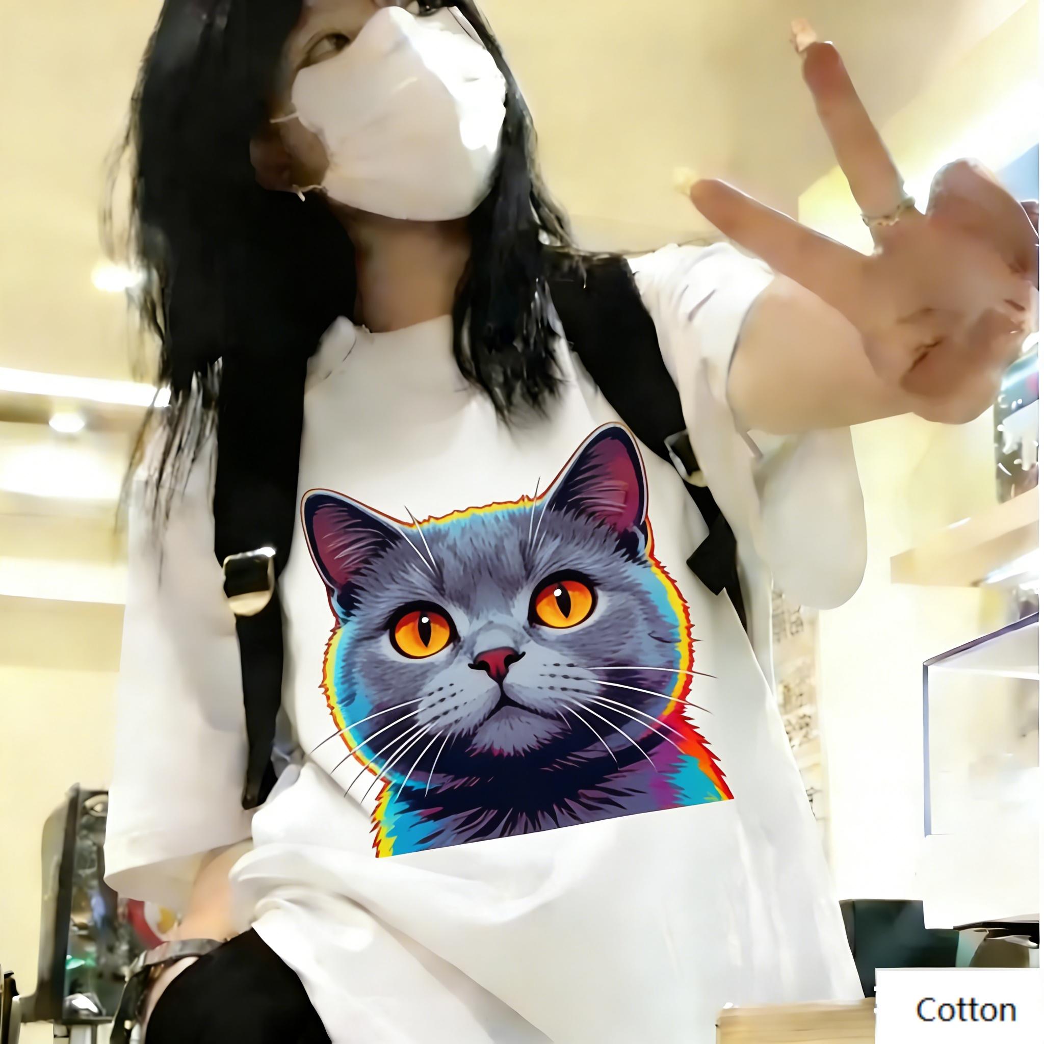 

Streetwear Unisex Cotton TShirt Featuring Edgy Neon Pop Art Tabby Cat Design Retro Pop Art Style Top for Trendy Individuals 4XL